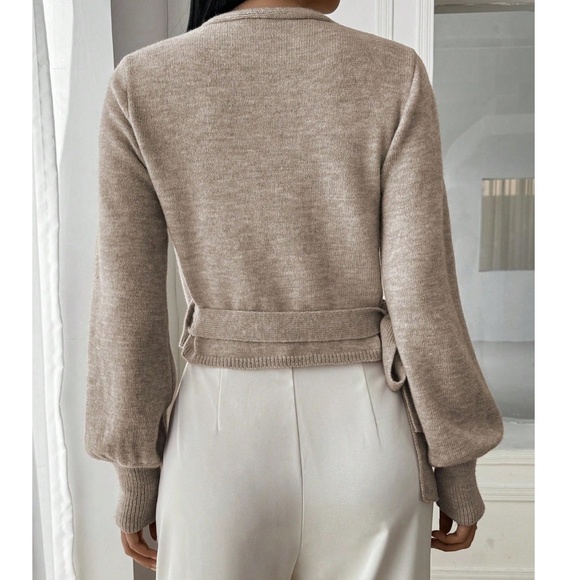 Cozy Solid V neck Wrap Side Tie Knit Cropped Sweater Top - Picture 6 of 7